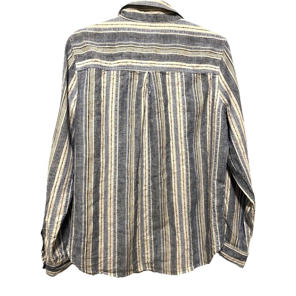 Lucky Brand Button Up Linen Blend Blue Striped Blouse Medium Long Sleeve - Picture 2 of 5